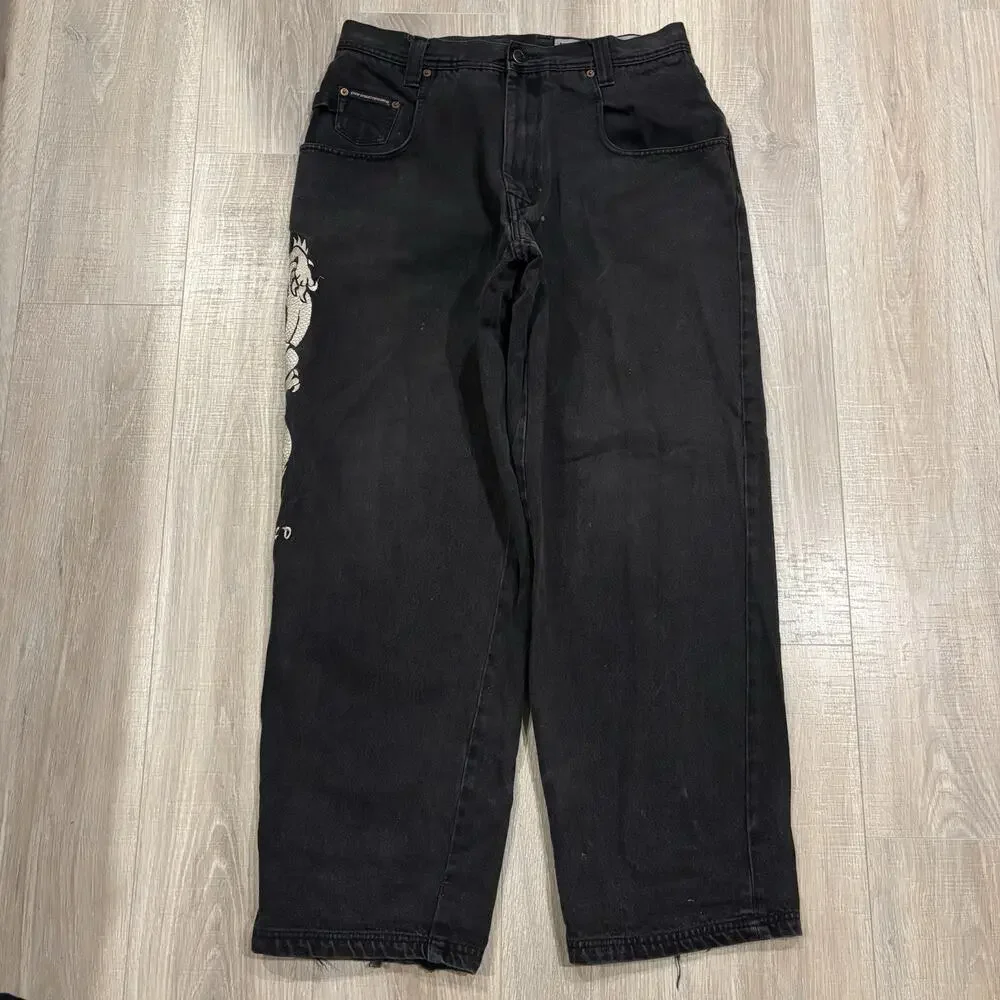 Vintage Parasuco Jeans Mens 34x30 Black Denim Baggy Dragon Embroidered Y2K JNCO